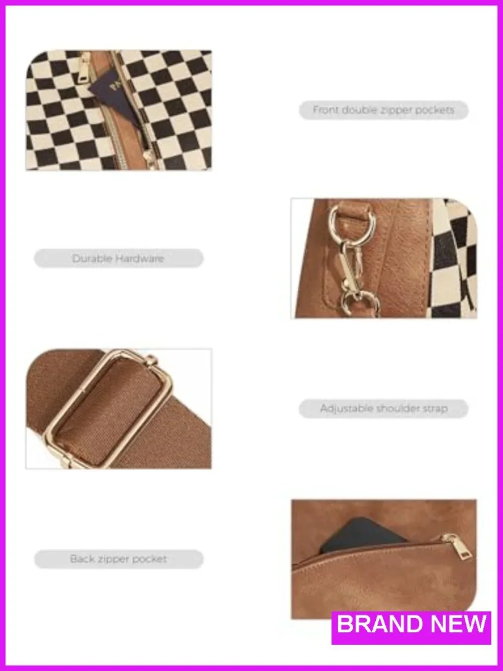 PU Leather Canvas Checkered Hobo Tote Crossbody Bag with Adjustable Strap